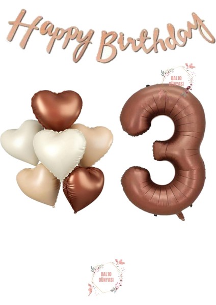Happy Bıthday Yazılı Kahverengi Renk Rakam ve Kalpli Folyo Balon Seti Yaş 3