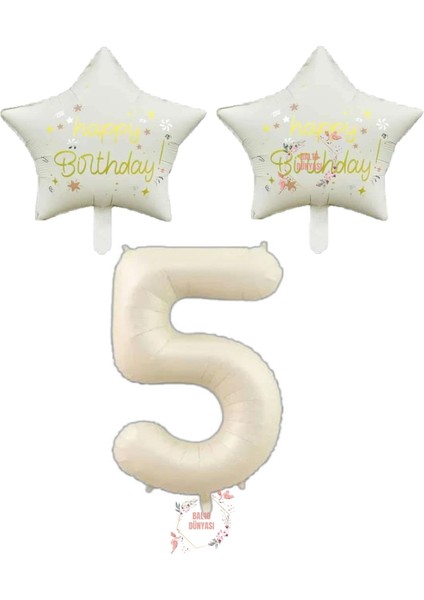 Bej Rakam ve Happy Bırthday Yazılı Yıldız Folyo Balon Seti Yaş 5