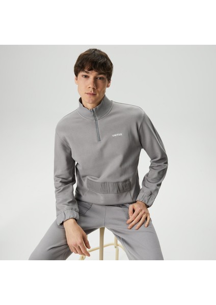 Half Zip Peluş Erkek Gri Sweatshirt