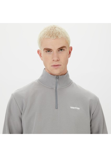 Half Zip Peluş Erkek Gri Sweatshirt