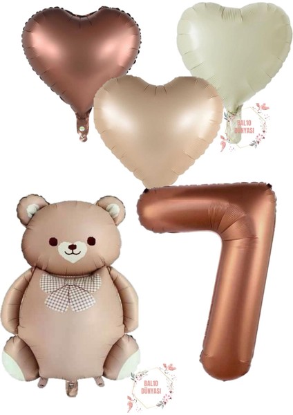 Kahverengi Renk Rakam Ayıcıklı ve Kalpli Folyo Balon Seti Yaş 7