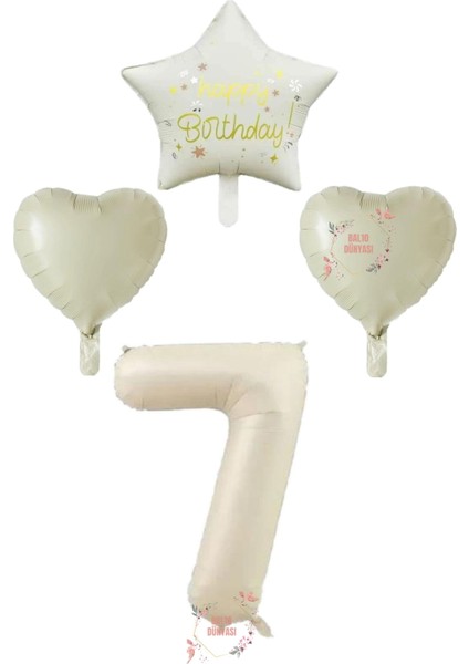 Krem Renk Rakam Happy Bırthday Yazılı Yıldız ve Kalpli Folyo Balon Seti Yaş 7