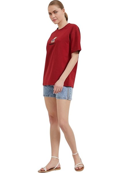 Kadın Bisiklet Yaka Bol Kesim Pamuk Önü Ayıcıklı T-Shirt fiyatları