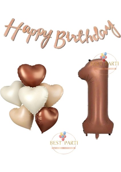 Happy Bıthday Yazılı Kahverengi Renk Rakam ve Kalpli Folyo Balon Seti Yaş 1
