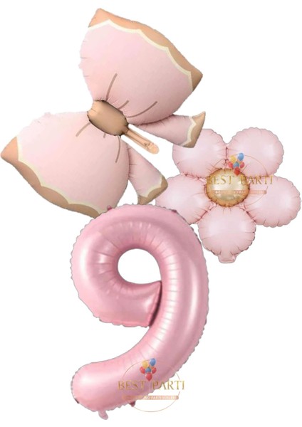 Pembe Renk Fiyonk Papatya ve Rakam Folyo Balon Seti Yaş 9