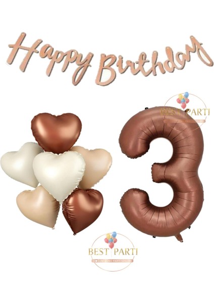 Happy Bıthday Yazılı Kahverengi Renk Rakam ve Kalpli Folyo Balon Seti Yaş 3