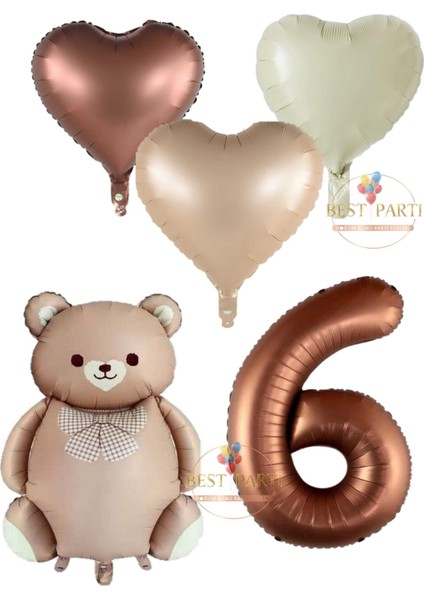 Kahverengi Renk Rakam Ayıcıklı ve Kalpli Folyo Balon Seti Yaş 6