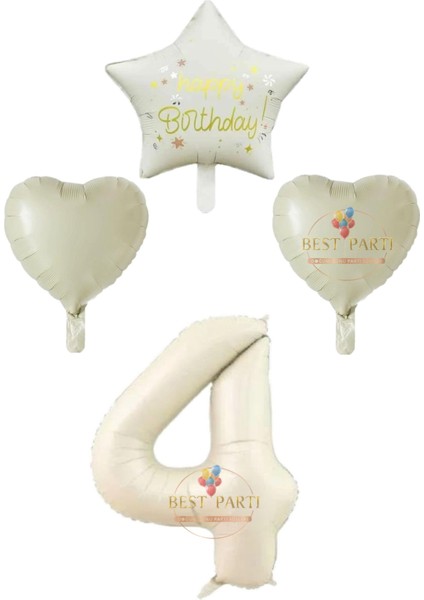 Krem Renk Rakam Happy Bırthday Yazılı Yıldız ve Kalpli Folyo Balon Seti Yaş 4