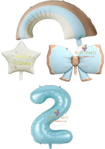 Mavi Renk Fiyonk Gökkuşağı Yıldız ve Rakam Folyo Balon Seti Yaş 2