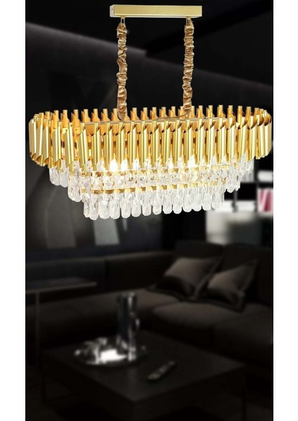 Roza Varaklı Gold 75 x 35 Kristal Taşlı Lüks Avize - Yatak Odası - Salon - Mutfak - Hol