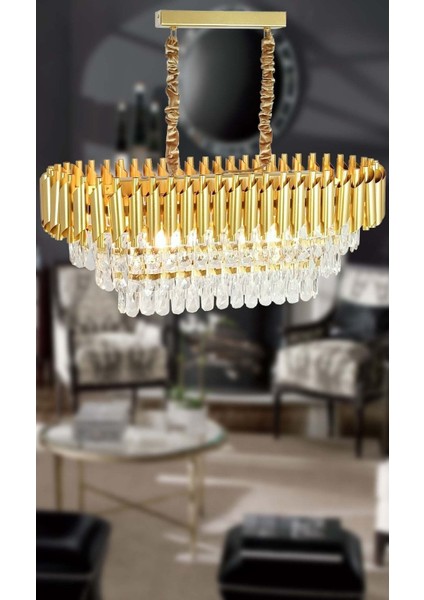 Roza Varaklı Gold 75 x 35 Kristal Taşlı Lüks Avize - Yatak Odası - Salon - Mutfak - Hol