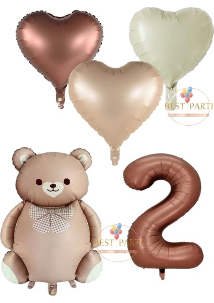 Kahverengi Renk Rakam Ayıcıklı ve Kalpli Folyo Balon Seti Yaş 2