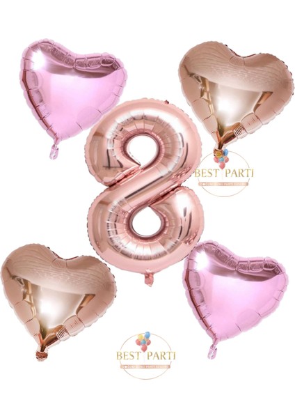 Rose Gold Rakam Kalp ve Pembe Kalp Folyo Balon Seti Yaş 8