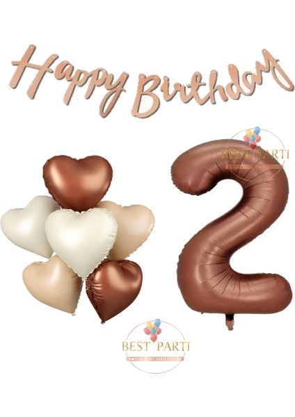 Happy Bıthday Yazılı Kahverengi Renk Rakam ve Kalpli Folyo Balon Seti Yaş 2