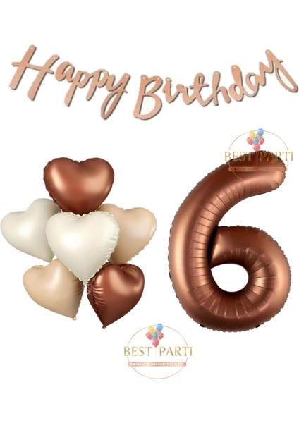Happy Bıthday Yazılı Kahverengi Renk Rakam ve Kalpli Folyo Balon Seti Yaş 6