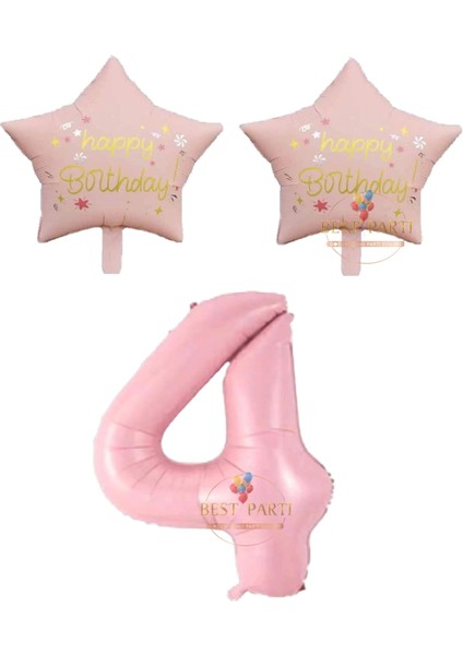 Pembe Renk Rakam ve Happy Bırthday Yazılı Yıldız Folyo Balon Seti Yaş 4