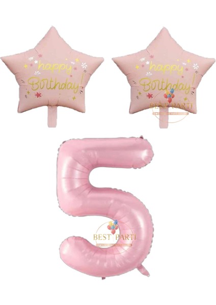 Pembe Renk Rakam ve Happy Bırthday Yazılı Yıldız Folyo Balon Seti Yaş 5
