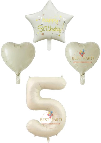 Krem Renk Rakam Happy Bırthday Yazılı Yıldız ve Kalpli Folyo Balon Seti Yaş 5