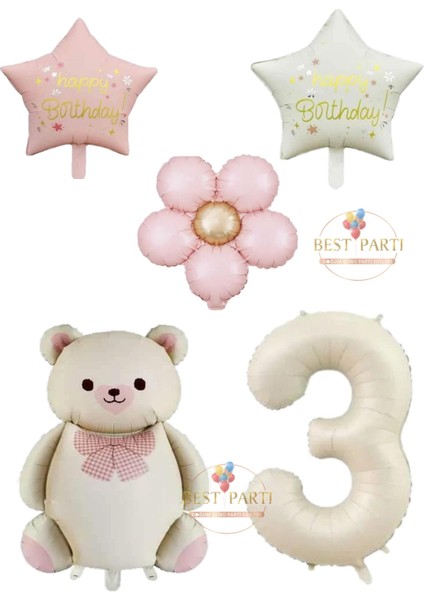 Krem Renk Rakam ve Ayıcıklı Yıldızlı Papatyalı Folyo Balon Seti Yaş 3