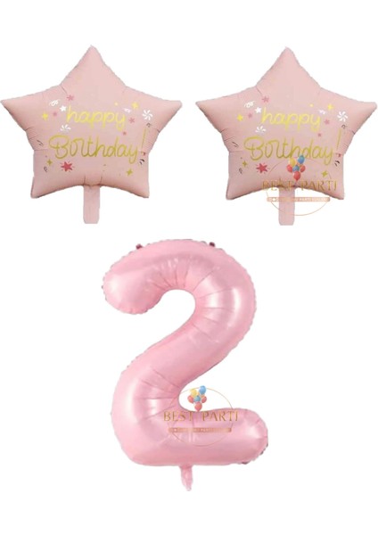 Pembe Renk Rakam ve Happy Bırthday Yazılı Yıldız Folyo Balon Seti Yaş 2