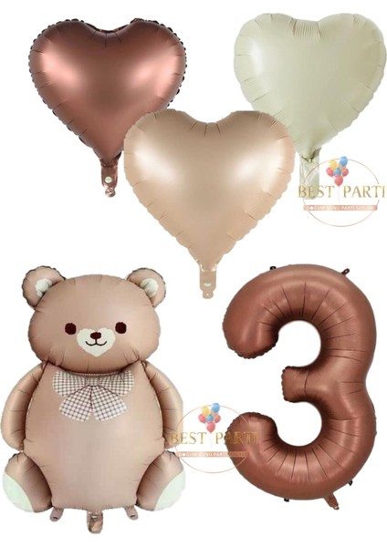 Kahverengi Renk Rakam Ayıcıklı ve Kalpli Folyo Balon Seti Yaş 3