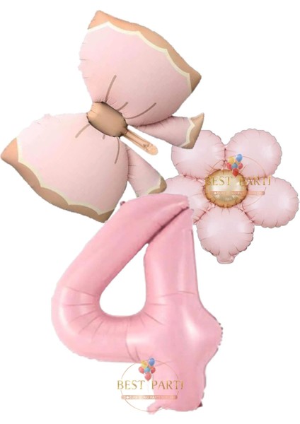 Pembe Renk Fiyonk Papatya ve Rakam Folyo Balon Seti Yaş 4