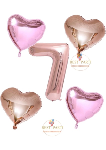 Rose Gold Rakam Kalp ve Pembe Kalp Folyo Balon Seti Yaş 7