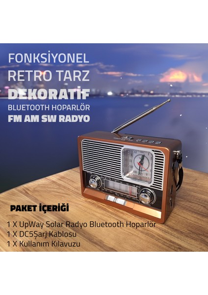 Güneş Enerjili Fenerli Şarjlı Retro Bluetooth Hoparlör Fm Am Sw Nostaljik Acil Durum Radyosu
