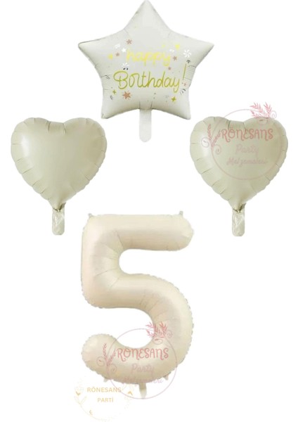 Rönesans Krem Renk Rakam Happy Bırthday Yazılı Yıldız ve Kalpli Folyo Balon Seti Yaş 5