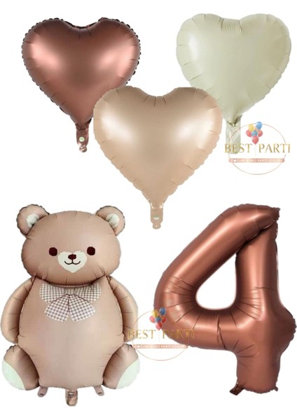 Kahverengi Renk Rakam Ayıcıklı ve Kalpli Folyo Balon Seti Yaş 4