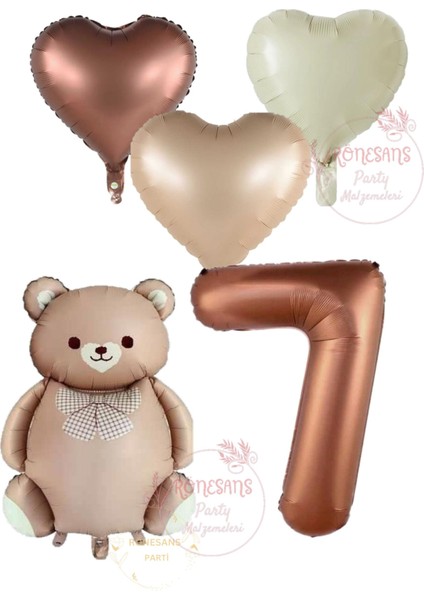 Rönesans Kahverengi Renk Rakam Ayıcıklı ve Kalpli Folyo Balon Seti Yaş 7