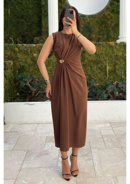 Kahverengi Bronşlu Midi Boy Kadın Elbise MG2418