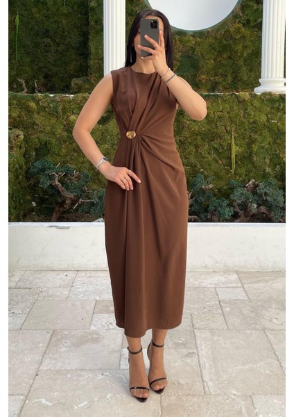 Kahverengi Bronşlu Midi Boy Kadın Elbise MG2418 fiyatları