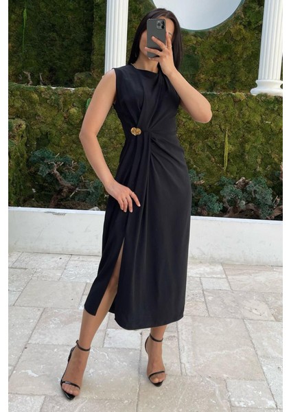 Siyah Bronşlu Midi Boy Kadın Elbise MG2418