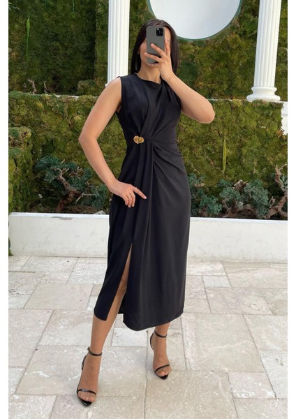 Siyah Bronşlu Midi Boy Kadın Elbise MG2418