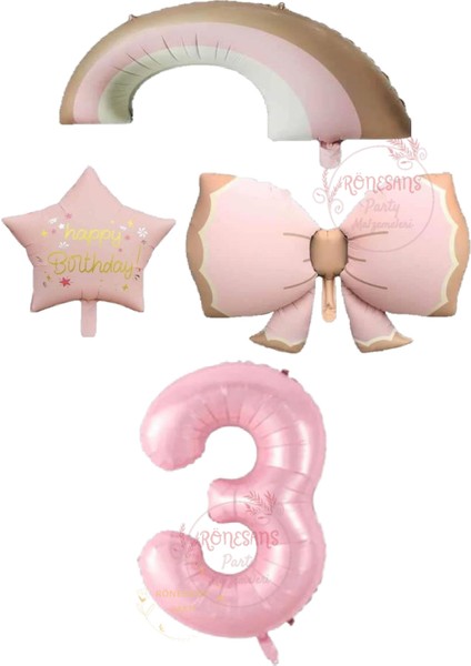 Rönesans Pembe Renk Fiyonk Gökkuşağı Yıldız ve Rakam Folyo Balon Seti Yaş 3
