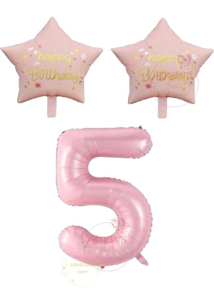 Rönesans Pembe Renk Rakam ve Happy Bırthday Yazılı Yıldız Folyo Balon Seti Yaş 5
