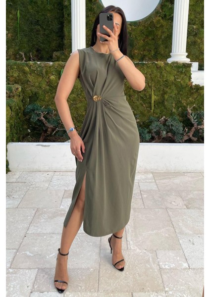 Haki Bronşlu Midi Boy Kadın Elbise MG2418