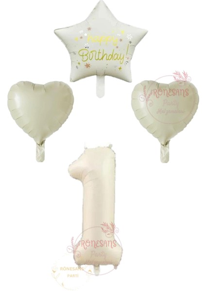 Rönesans Krem Renk Rakam Happy Bırthday Yazılı Yıldız ve Kalpli Folyo Balon Seti Yaş 1
