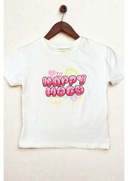 Beyaz Bisiklet Yaka Baskılı Kısa Kollu Kız Çocuk Tişört/t-Shirt