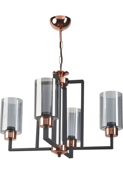 Datça Retro Siyah Renk Bakır Detaylı Füme Camlı Salon - Mutfak - Yatak Odası 4 Lü Avize