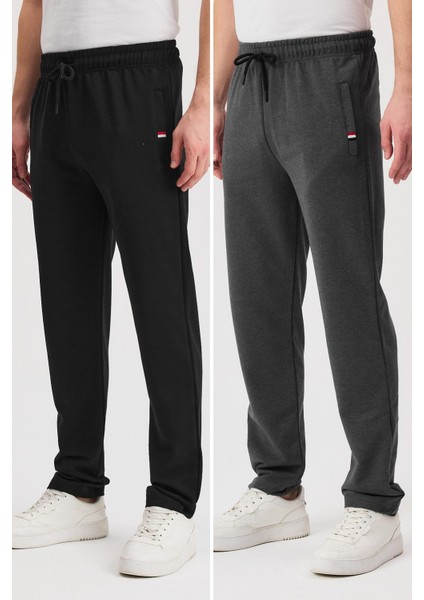 Siyah-Antrasit Erkek Fermuarlı Cepli Nakış Detaylı Düz Paça Rahat Kesim Günlük 2'li Eşofman Altı