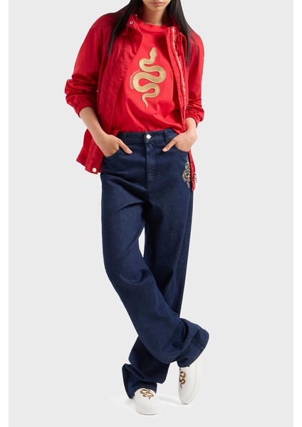 Regular Fit Orta-Yüksek Bel Geniş Paça Işlemeli Jeans Bayan Kot Pantolon EW000736 AF12436 MB001