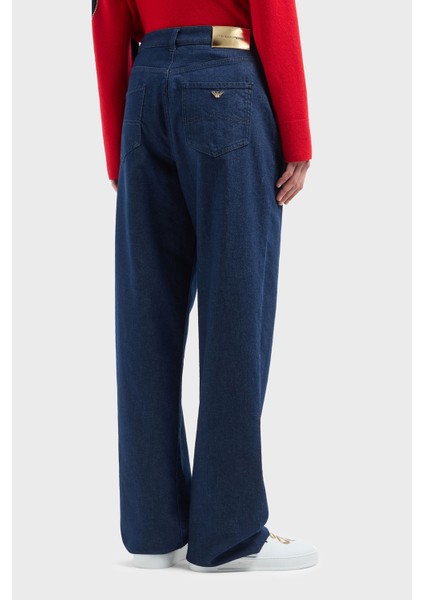 Regular Fit Orta-Yüksek Bel Geniş Paça Işlemeli Jeans Bayan Kot Pantolon EW000736 AF12436 MB001