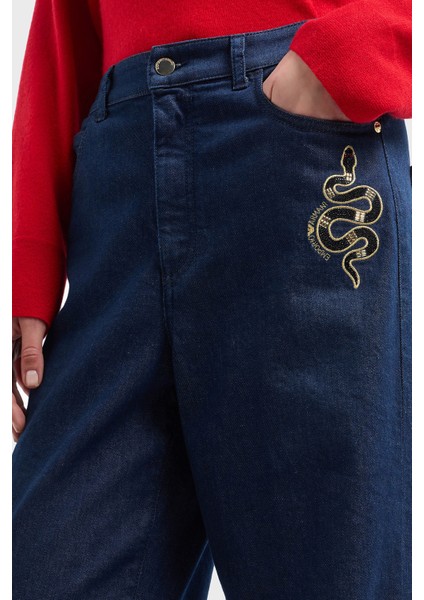 Regular Fit Orta-Yüksek Bel Geniş Paça Işlemeli Jeans Bayan Kot Pantolon EW000736 AF12436 MB001