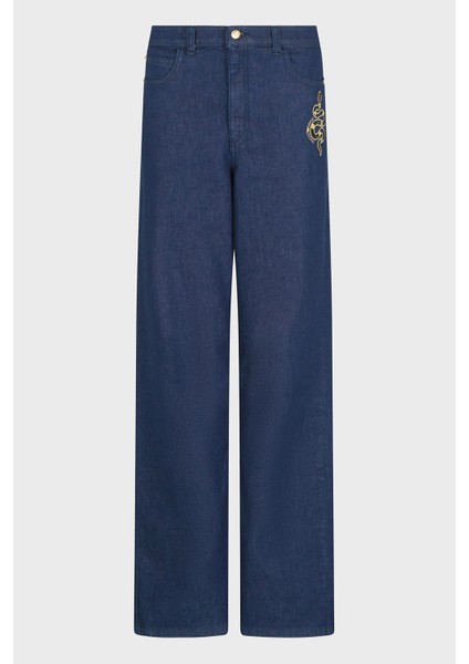Regular Fit Orta-Yüksek Bel Geniş Paça Işlemeli Jeans Bayan Kot Pantolon EW000736 AF12436 MB001