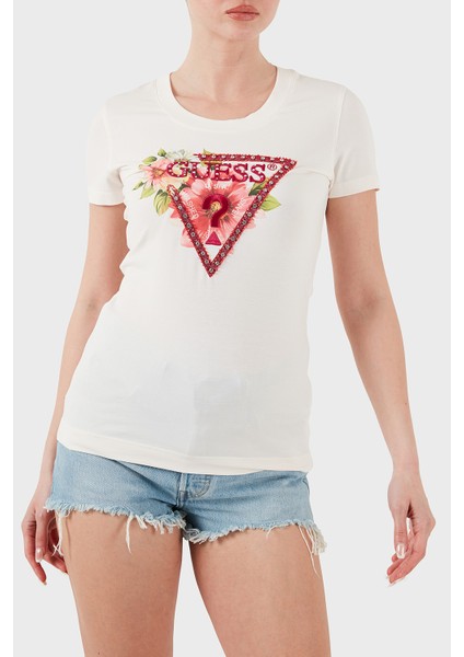 Ss Cn Logo Nakışlı Streç Pamuklu Slim Fit Bisiklet Yaka T Shirt W5GI10J1314 Bayan T Shirt W5GI10 J1314 G012