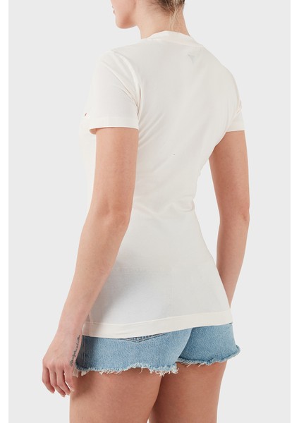 Ss Cn Logo Nakışlı Streç Pamuklu Slim Fit Bisiklet Yaka T Shirt W5GI10J1314 Bayan T Shirt W5GI10 J1314 G012