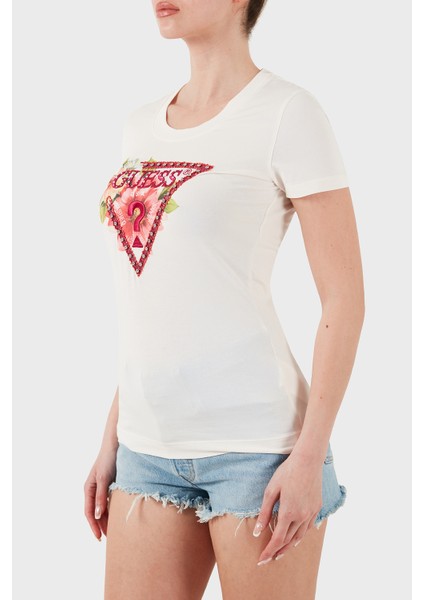 Ss Cn Logo Nakışlı Streç Pamuklu Slim Fit Bisiklet Yaka T Shirt W5GI10J1314 Bayan T Shirt W5GI10 J1314 G012