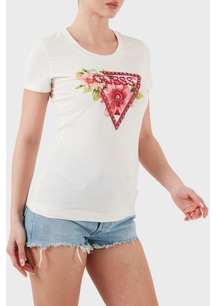 Ss Cn Logo Nakışlı Streç Pamuklu Slim Fit Bisiklet Yaka T Shirt W5GI10J1314 Bayan T Shirt W5GI10 J1314 G012